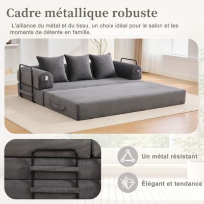 Canapé Convertible 3 Places Pliant avec 3 Coussins et Poche Latérale - Velours Côtelé et Mousse, Gris Foncé
