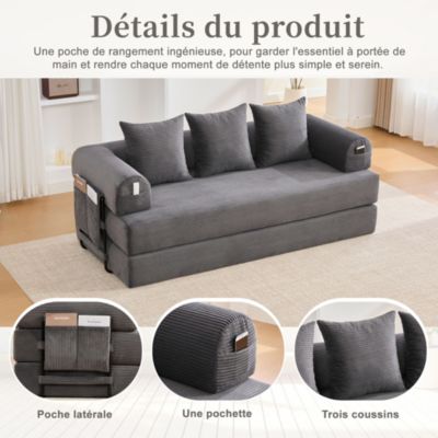 Canapé Convertible 3 Places Pliant avec 3 Coussins et Poche Latérale - Velours Côtelé et Mousse, Gris Foncé