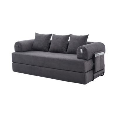 Canapé Convertible 3 Places Pliant avec 3 Coussins et Poche Latérale - Velours Côtelé et Mousse, Gris Foncé
