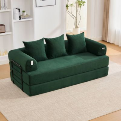 Canapé Convertible 3 Places Pliant avec 3 Coussins et Poche Latérale - Velours Côtelé et Mousse, Vert Émeraude