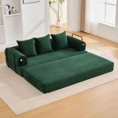 Canapé Convertible 3 Places Pliant avec 3 Coussins et Poche Latérale - Velours Côtelé et Mousse, Vert Émeraude