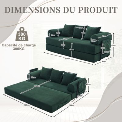 Canapé Convertible 3 Places Pliant avec 3 Coussins et Poche Latérale - Velours Côtelé et Mousse, Vert Émeraude