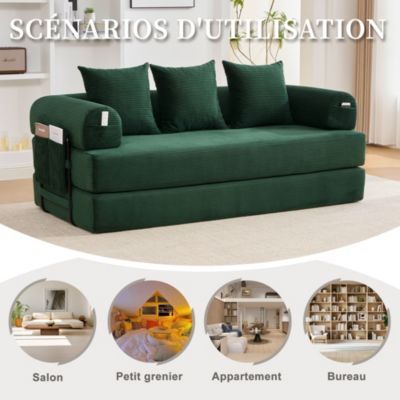 Canapé Convertible 3 Places Pliant avec 3 Coussins et Poche Latérale - Velours Côtelé et Mousse, Vert Émeraude