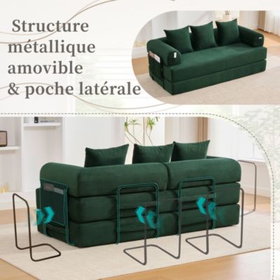 Canapé Convertible 3 Places Pliant avec 3 Coussins et Poche Latérale - Velours Côtelé et Mousse, Vert Émeraude