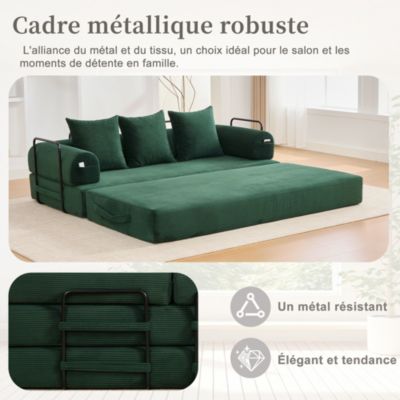 Canapé Convertible 3 Places Pliant avec 3 Coussins et Poche Latérale - Velours Côtelé et Mousse, Vert Émeraude
