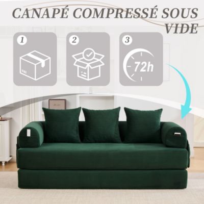 Canapé Convertible 3 Places Pliant avec 3 Coussins et Poche Latérale - Velours Côtelé et Mousse, Vert Émeraude