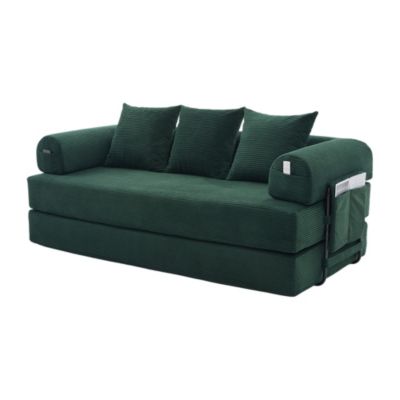 Canapé Convertible 3 Places Pliant avec 3 Coussins et Poche Latérale - Velours Côtelé et Mousse, Vert Émeraude