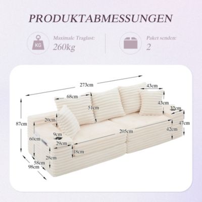 Canapé convertible 4 places,273cm,velours côtelé,poches des deux côtés et porte-gobelets,canapé 4 places,canapé lit,Beige