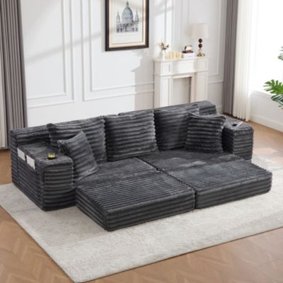 Canapé convertible 4 places,273cm,velours côtelé,poches des deux côtés et porte-gobelets,canapé 4 places,canapé lit,Gris foncé