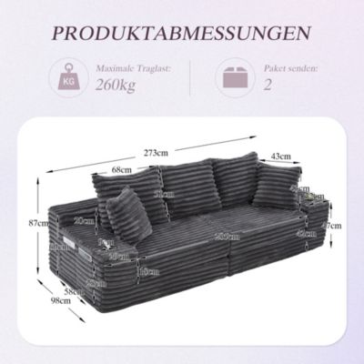 Canapé convertible 4 places,273cm,velours côtelé,poches des deux côtés et porte-gobelets,canapé 4 places,canapé lit,Gris foncé