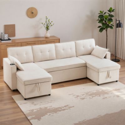 Canapé convertible 4 places avec porte-gobelet et rangement,canapé d'angle en L,canapé 4 places en lin et coton,beige