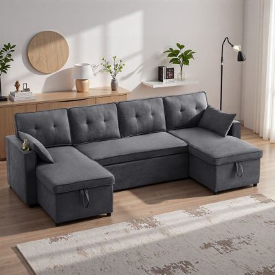 Canapé convertible 4 places avec porte-gobelet et rangement,canapé d'angle en L,canapé 4 places en lin et coton,Gris