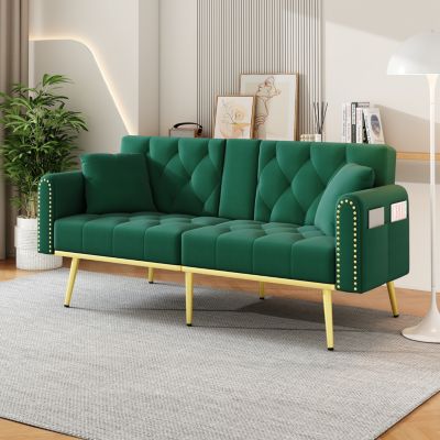 Canapé Convertible - Canapé-Lit 2 Places avec Porte-Gobelets et Fonction Relax, 3 Angles d'Inclinaison Réglables, Velours Vert