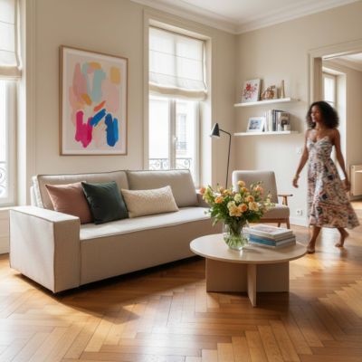 Canapé convertible en tissu 3 places beige L 220 cm   Oviala