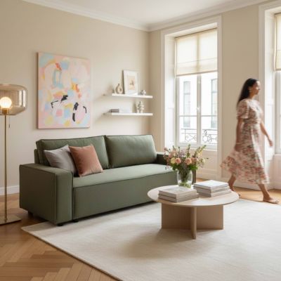 Canapé convertible en tissu 3 places vert L 220 cm   Oviala