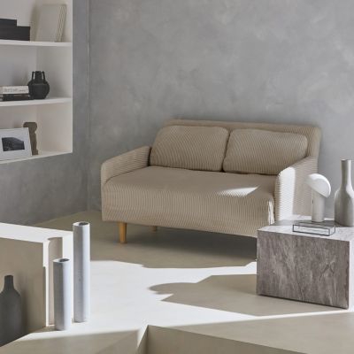Canapé convertible en velours côtelé - Panam - 2 places scandinave. pieds bois. beige/greige. banquette. dossier inclinable