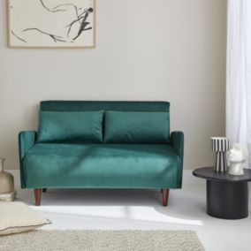 Canapé convertible en velours - Panam - 2 places scandinave. pieds bois foncé. vert. banquette. dossier inclinable