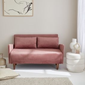 Canapé convertible en velours - Panam - 2 places scandinave. pieds bois foncé. vieux rose. banquette. dossier inclinable