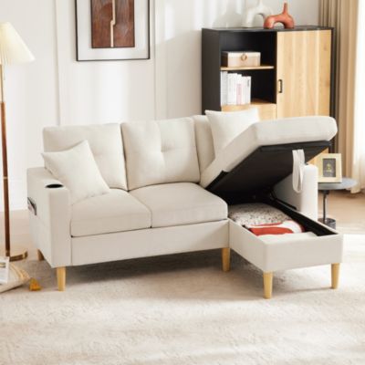 Canapé d'Angle 3 Places avec Chaiselongue, Rangement Intégré, Porte-Gobelets et 2 Coussins, Tissu Coton-Lin, Beige