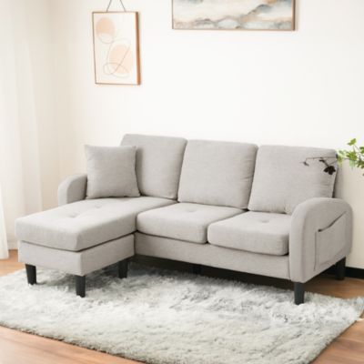 Canapé d'Angle 3 Places avec Méridienne Réversible en Tissu Lin, Assise en Mousse, Structure Solide, Beige