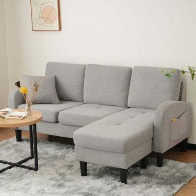 Canapé d'Angle 3 Places avec Méridienne Réversible en Tissu Lin Fibreux, Assise en Mousse, Gris Clair