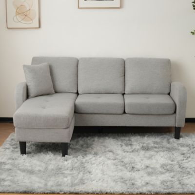 Canapé d'Angle 3 Places avec Méridienne Réversible en Tissu Lin Fibreux, Assise en Mousse, Gris Clair