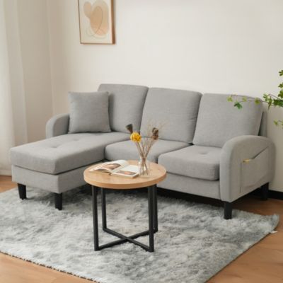 Canapé d'Angle 3 Places avec Méridienne Réversible en Tissu Lin Fibreux, Assise en Mousse, Gris Clair