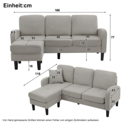 Canapé d'Angle 3 Places avec Méridienne Réversible en Tissu Lin Fibreux, Assise en Mousse, Gris Clair