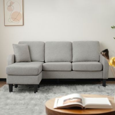 Canapé d'Angle 3 Places avec Méridienne Réversible en Tissu Lin Fibreux, Assise en Mousse, Gris Clair