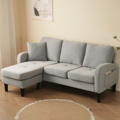 Canapé d'Angle 3 Places avec Méridienne Réversible en Tissu Lin Fibreux, Assise en Mousse, Gris Clair