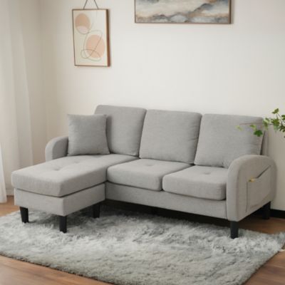 Canapé d'Angle 3 Places avec Méridienne Réversible en Tissu Lin Fibreux, Assise en Mousse, Gris Clair
