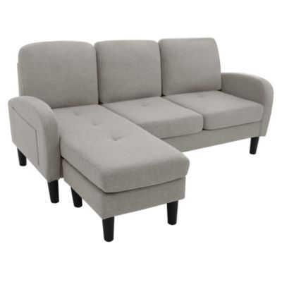 Canapé d'Angle 3 Places avec Méridienne Réversible en Tissu Lin Fibreux, Assise en Mousse, Gris Clair