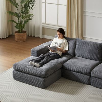 Canapé d'Angle 3 Places L-Shape, Moderne avec Méridienne et 3 Coussins, Sans Assemblage, Salon/Chambre, Velours Côtelé Gris Foncé