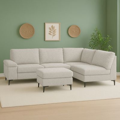 Canapé d'angle 4-5 places en tissu chenille beige avec pouf COLCHESTER