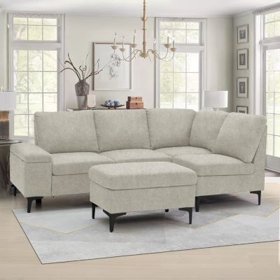 Canapé d'angle 4-5 places en tissu chenille beige avec pouf COLCHESTER