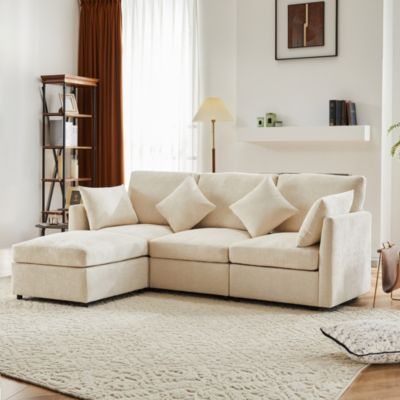 Canapé d'angle 4 places 216x161x81 cm avec pouf convertible en chenille beige, structure bois massif