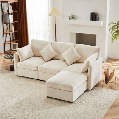 Canapé d'angle 4 places 216x161x81 cm avec pouf convertible en chenille beige, structure bois massif