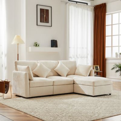 Canapé d'angle 4 places 216x161x81 cm avec pouf convertible en chenille beige, structure bois massif