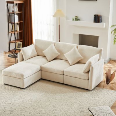 Canapé d'angle 4 places 216x161x81 cm avec pouf convertible en chenille beige, structure bois massif