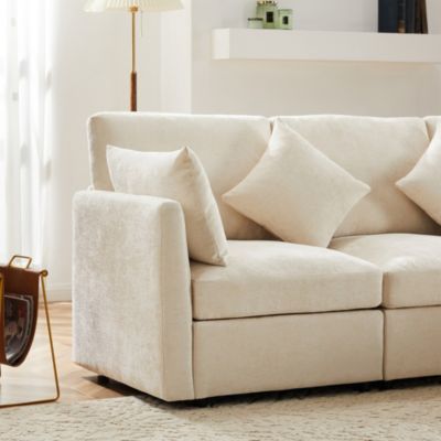 Canapé d'angle 4 places 216x161x81 cm avec pouf convertible en chenille beige, structure bois massif