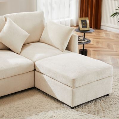 Canapé d'angle 4 places 216x161x81 cm avec pouf convertible en chenille beige, structure bois massif