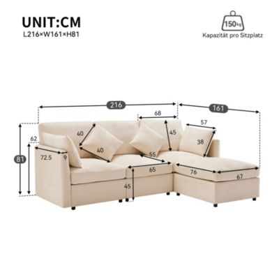 Canapé d'angle 4 places 216x161x81 cm avec pouf convertible en chenille beige, structure bois massif