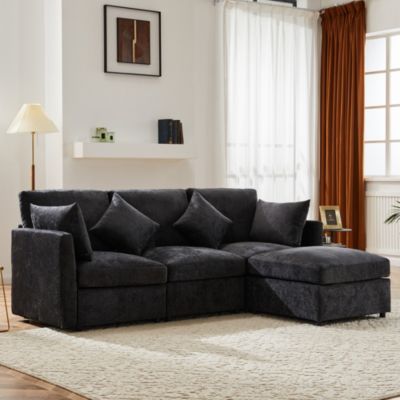 Canapé d'angle 4 places 216x161x81 cm en chenille avec pouf modulable, style moderne et confortable
