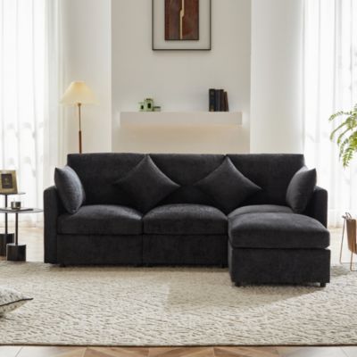 Canapé d'angle 4 places 216x161x81 cm en chenille avec pouf modulable, style moderne et confortable