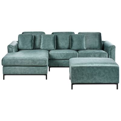 Canapé d'angle 5 places OSLO avec ottoman Velours Bleu paon Côté droit