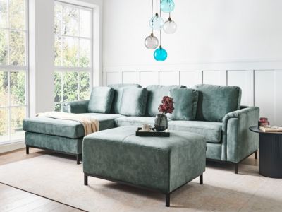 Canapé d'angle 5 places OSLO avec ottoman Velours Bleu paon Côté droit
