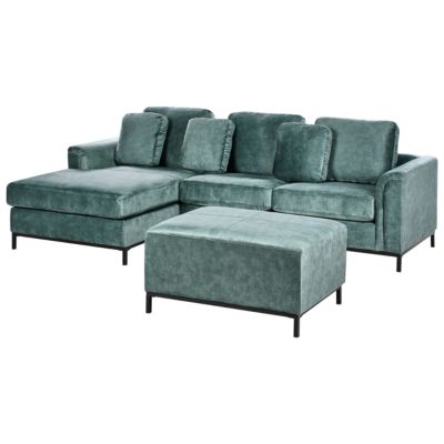 Canapé d'angle 5 places OSLO avec ottoman Velours Bleu paon Côté droit