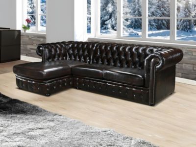 Canapé d'angle chesterfield BRENTON 100% cuir de buffle - Marron reflets châtains - Angle gauche