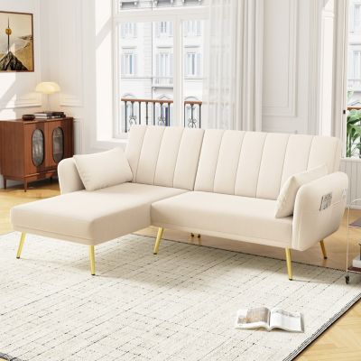 Canapé d'Angle Convertible 3 Places avec Méridienne, Canapé Lit en Velours avec Dossier Réglable et 2 Coussins - Beige