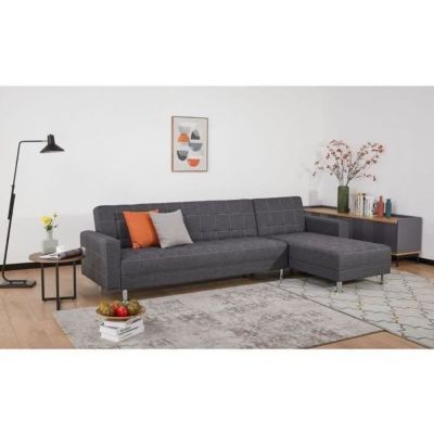 Canapé d'angle convertible 3 places réversible - Tissu gris foncé avec coutures blanches - Pieds acier - L277xP157xH80 cm - IVANA